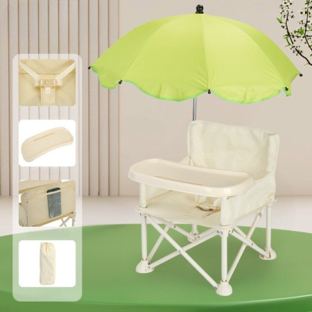 Scaun de Masă Pliabil pentru Copii, Multifuncțional, cu Tăviță, Husă și Umbrelă Verde Detașabile, Bej, 6 Luni – 4 Ani