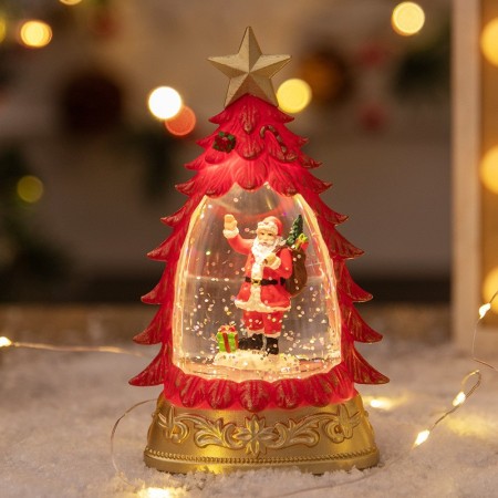 Decoratiune de Craciun tip Brad, Flippy, Glob de Cristal cu Fulgi de Zapada, Model Mos Craciun, Iluminare LED, 16 x 9 x 5 cm, Carcasa Vintage Rosu, Transparent