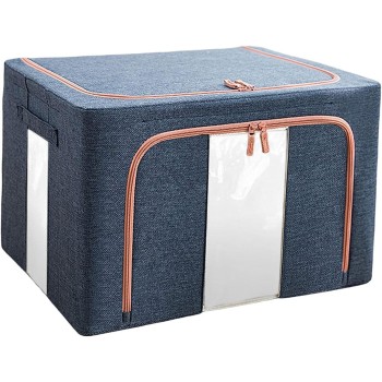 Cutie de Depozitare Pliabilă Premium, 24L, Textil Rezistent, Cadru Metalic, Fermoar Dublu, Ferestre Vizuale, 40x30x20 cm, Albastru Marin