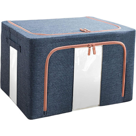 Cutie de Depozitare Pliabilă Premium, 24L, Textil Rezistent, Cadru Metalic, Fermoar Dublu, Ferestre Vizuale, 40x30x20 cm, Albastru Marin
