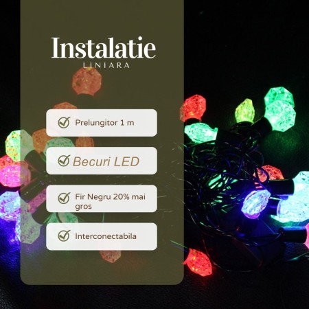 Instalatie de Craciun RGRB Liniara, Model Anise, 10 m, din care 1 m Prelungitor 220V, 40 LED, Interconectabila, Fir Negru, multicolor