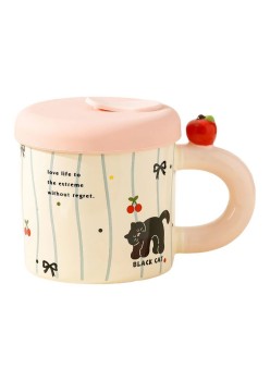 Cana din Ceramica cu Capac si Pai, Flippy, Capacul si Paiul din Silicon Roz, 9x8.5 cm, Model Cute A, Capacitate 380ml