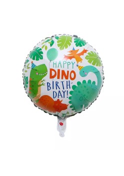 Balon din Folie Metalizata, Flippy, Mini Figurina Rotunda, Model Happy Birthday cu Dinozauri, Tema Aniversare, 45 cm, Ambalaj Individual, Pai inclus, Umflare cu Aer sau Heliu, Multicolor