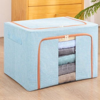 Cutie de Depozitare Pliabilă Premium, 100L, Textil, Cadru Metalic, Fermoar de Închidere, Fereastră Frontală, 60x42x40 cm, Bleu