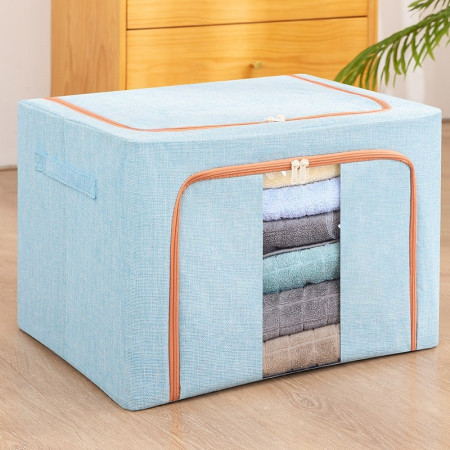 Cutie de Depozitare Pliabilă Premium, 100L, Textil, Cadru Metalic, Fermoar de Închidere, Fereastră Frontală, 60x42x40 cm, Bleu