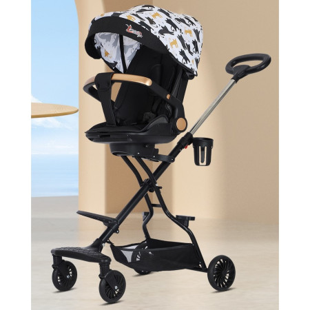 Cărucior Sport 3 în 1, Reversibil, Pliabil, Poziție Somn, Tavă Masă, Roti 360°, Suport Pahar, Copertină Soare, Negru Model Pisicuțe, 6-36 Luni