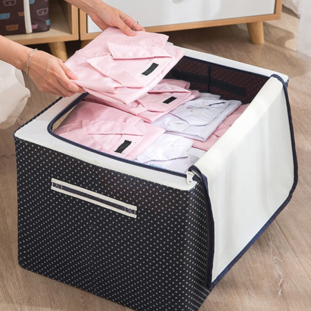 Cutie de Depozitare Pliabilă Premium, 100L, Țesătură Oxford Impermeabilă, Cadru Metalic, Fermoar Dublu, Fereastră Transparentă, Imprimeu cu Buline, 60x42x40 cm, Albastru Marin