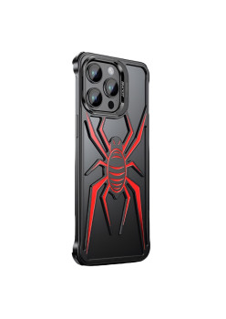 Husa de Protectie Compatibila iPhone 15 Pro Max, cu Suport Metalic pentru Camera, Armor Protective Series, Flippy, Antisoc, Protectie de Metal pe Margini, Model Paianjen, Negru Rosu