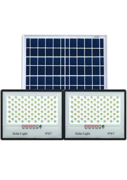 Set 2 proiectoare LED cu Panou Solar Flippy, Senzor de miscare, Telecomanda, Waterproof, 322*2  LED-uri incorporate, 200W, 30*24 cm, IP67, Design Modern, Negru