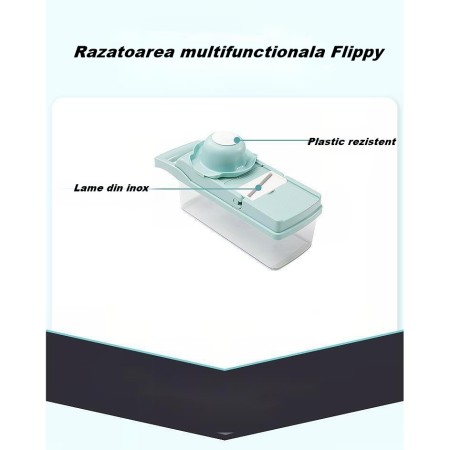 Feliator Multifunctional, Flippy, Razatoare, 8 in 1, pentru Fructe si Legume, 10 Piese, Lame de Inox, Recipient Stocare, Separator Oua, Protectie Mana, ABS, 32.2x11.3 cm, Albastru/Alb