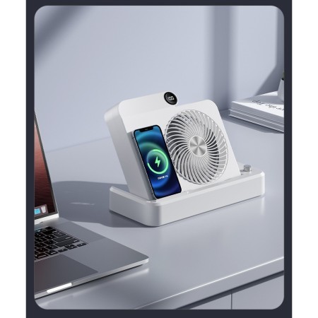 Ventilator 2in1, Flippy, Functie Incarcare Telefon Wireless, 100 Trepte de Viteza, 2400 mAh, 5V, 2A, 25 x 16.5 x 24 cm, Alb