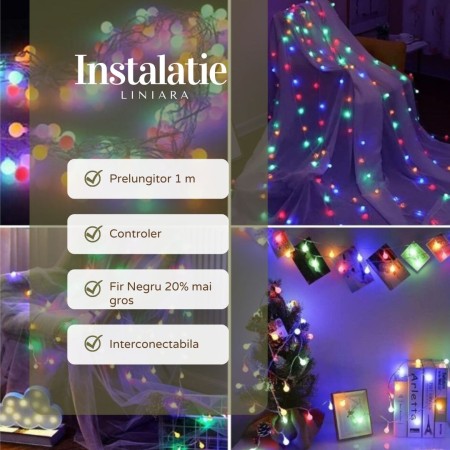 Instalatie de Craciun RGRB Liniara, Bilute Mate, Interconectabila, 10 m, din care 1 m Prelungitor 220V, 40 LED, Fir Negru, multicolor
