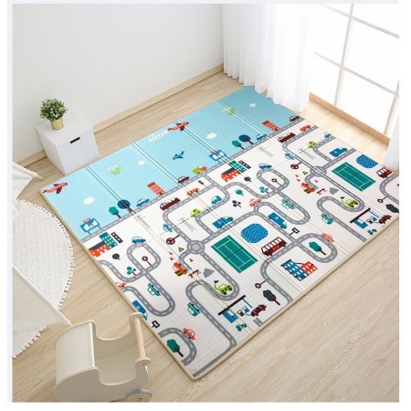 Covoras pentru Copii, Flippy, cu 2 Fete, Model Trafic/Girafe, din XPE+PE, Impermeabil, Antiderapant, Protectie Termica, +3 Luni, Pliabil, 180 x 200 x 1 cm, Multicolor