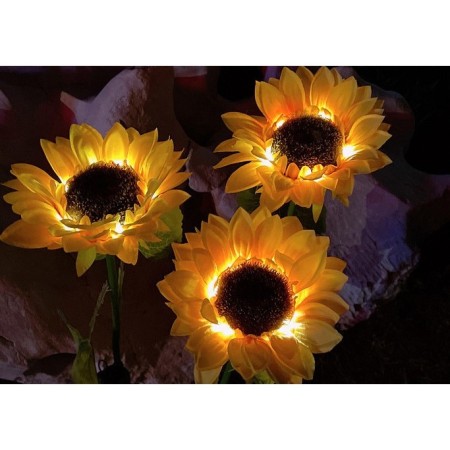 Lampă Solară LED pentru Grădină, Model Floarea-Soarelui cu 3 Flori, Iluminare Alb Cald, IP65, 70 cm