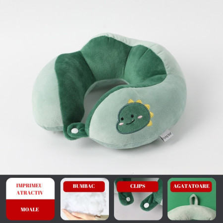 Pernă de Călătorie pentru Gât și Cap, Confort Ergonomic, Umplutură Moale din Bumbac, Model Brodat Dinozaur, 28x28x10 cm, Verde