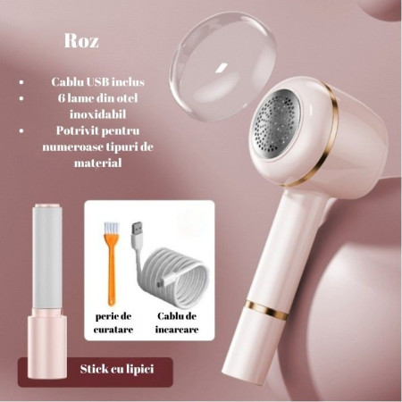 Aparat Pentru Curatat Scame, Par Si Praf, Flippy, Pentru Diferite Tipuri De Material, Cu Lame Din Otel Inoxidabil, Incarcare Prin USB Type-C, Cu Perie De Curatare, Cablu USB Si Stick Cu Lipici Incluse, Roz, 220 x 86 mm