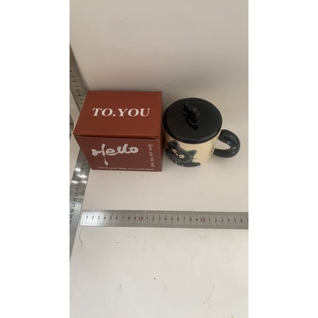 Cana ceramica, Flippy, Model in cutie, cu capac, Albastru-Negru