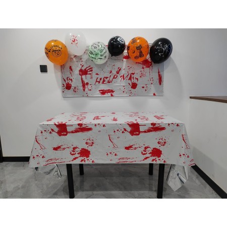 Fata de Masa, Flippy, din Folie, Imprimeu Halloween - Help Me, 137 x 274 cm, Alb/Rosu