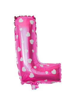 Balon Folie Metalizata Litera L, Flippy, 40 cm, Cu Imprimeu Inimioare, Umflati cu Heliu sau Aer, Ambalaj Individual, Pai inclus, Roz