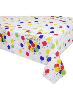 Fata de Masa, Flippy, din PEVA, Imprimeu Happy Birthday cu Baloane, 137 x 274 cm, Impermeabila, Fara Pete, Curatare Rapida, Multicolor