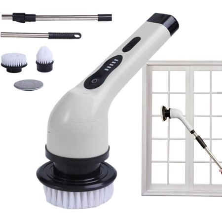 Perie Electrica de Curatare, Flippy, pentru Gresie, Baie, Bucatarie, 25x20x9.5 cm, cu 6 Capete, Maner Extensibil Detasabil 84-127cm, Incarcare USB-Type C, Rotire 360 de Grade, 3000 mAh, Culoare: Alb