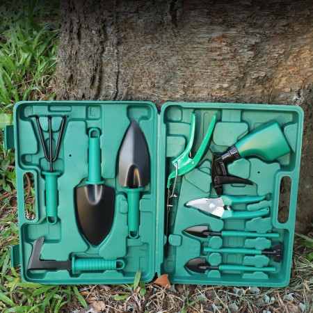 Set 10 Unelte de Grădină cu Geantă Depozitare, Oțel Inoxidabil, Accesorii Complete, 37 x 28 cm, Verde