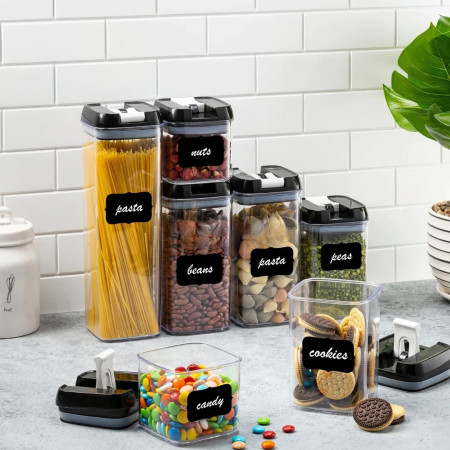 Set 7 Recipiente Organizare Alimente, Flippy, Inchidere Etansa, Etichete Reutilizabile, Cupe Masurare, 4 Dimensiuni Diferite, din Plastic Dur, Transparent
