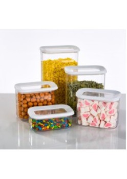 Set 5 cutii de depozitare alimente, condimente, diferite dimensiuni, Flippy, Transparente-Albe