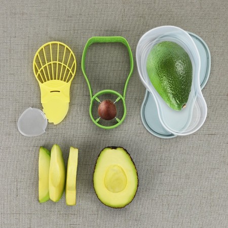 Recipient de Depozitare Avocado 5in1, Flippy, Etans, pentru Frigider, din Plastic, Dispozitiv de Taiat, Curatat, Feliat, 14x4x7 cm, Verde