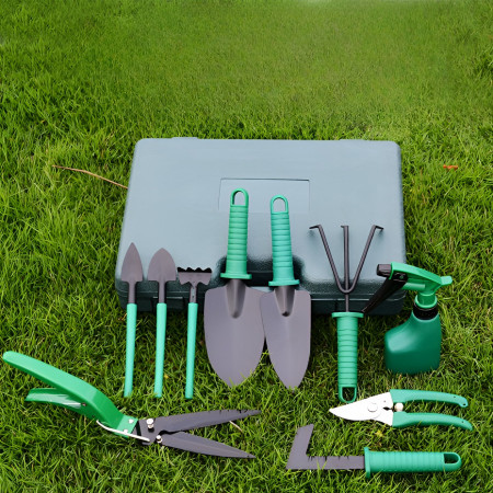 Set 12 Unelte Grădină cu Cutie de Depozitare, PVC & Oțel A3, 38x29 cm, Verde Deschis – Plantare, Sol, Îngrijire Plante