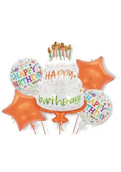 Baloane pentru aniversare, Flippy, tematica Happy Birthday, set 5 baloane, 1 TORT 70 x 101 cm, 2 Stele, 2 Rotunde, din folie de aluminiu, pai de carton inclus, Portocaliu