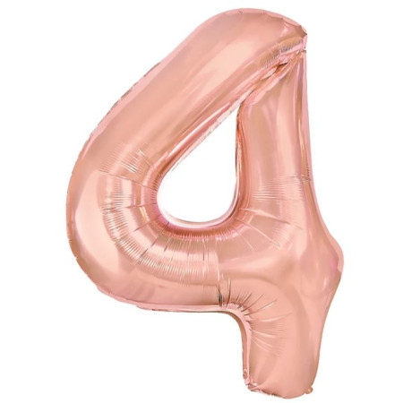 Balon din Folie Metalizata Flippy, Figurina Cifra, Tema Aniversare 40 cm, Ambalaj Individual, Pai inclus, Umflare cu Aer sau Heliu, Rose Gold, Cifra 4