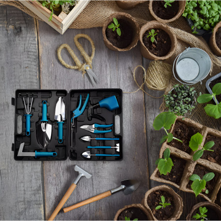 Set 10 Unelte de Grădină, Mânere Albastre, Oțel Inoxidabil, Cutie Inclusă, 37x28x7 cm, Negru – Pentru Plantare, Sol și Îngrijire Plante
