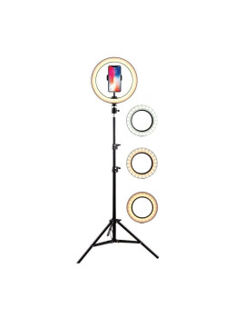 Lampa LED Circulara cu Trepied Metalic Extensibil, Flippy, Lungime Extensie 210 cm, Diametru Lampa 26 cm, Conectare USB, Telecomanda, 3 Trepte de Lumina, Negru