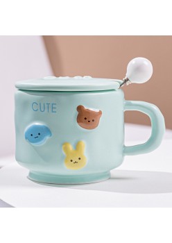 Cana ceramica, Flippy, Model Cute, cu capac si lingura, Albastru
