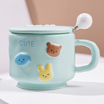 Cana ceramica, Flippy, Model Cute, cu capac si lingura, Albastru