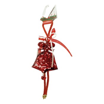 Ornament de brad clopotel cu paiete, Flippy, rosu, lemn, 25 cm