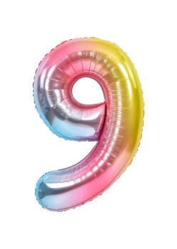 Balon din Folie Metalizata Gradient Flippy, Figurina Cifra, Tema Aniversare 100 cm, Ambalaj Individual, Pai inclus, Umflare cu Aer sau Heliu, Multicolor, Cifra 9