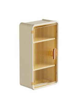 Organizator Cosmetice, Flippy, Montare pe Perete fara Perforare, 36.5x10.9x20 cm, cu 3 Rafturi, din PP si ABS, Bej, Usa Transparenta