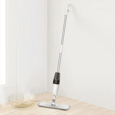 Mop plat, Flippy, cu pulverizator, pentru uz casnic, plastic, rezerva de mop din microfibra, 125x40 cm, Alb/Negru