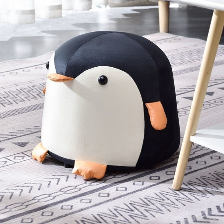 Taburet pentru Copii, Cadru din Lemn Masiv, Pernă Elastică din Burete, Design Ergonomic cu Mâner, Model Pinguin, 25 x 29 x 29 cm, Negru