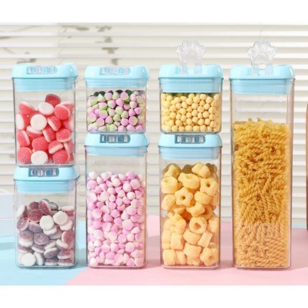 Set 7 Recipiente Alimente din Plastic Transparent, Capac Albastru, 0.5L - 1.9L, Organizare Bucatarie, Cutii Depozitare Cereale si Gustari