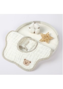 Baveta din Bumbac pentru Copii, Flippy, 0-12 Luni, 26x29 cm, Rezistenta la Apa, 8 Straturi, cu Capse, Model Tricotat cu Ursulet, Alba