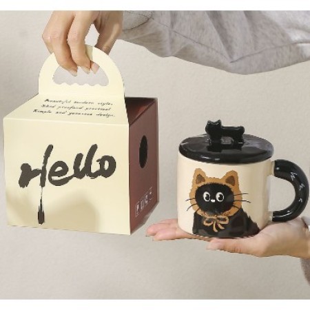 Cana ceramica, Flippy, Model in cutie, cu capac, Maro-Negru