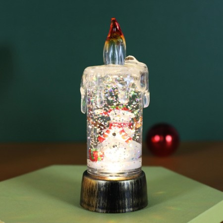 Decoratiune de Craciun tip Lumanare, Flippy, Lumanare de Cristal cu Fulgi de Zapada, Model Om de Zapada cu Sclipici, Iluminare LED, 13 x 5 x 5 cm, Baza Vintage Bronze, Transparent