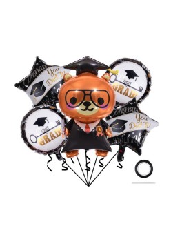 Baloane cu tematica Absolvire, Flippy, set din 5 baloane, 1 Figurina Ursulet, 2 stele, 2 rotunde, din folie de aluminiu, 70 x 40 cm, Aer si Heliu, Alb Negru