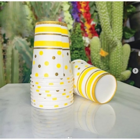 Set 10 Pahare, Flippy, Imprimeu cu Buline si Dungi, din Carton, 250 ml, 7.5 x 8.5 x 5.2 cm, Galben/Auriu