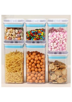 Cutii de Depozitare Alimente, Flippy, Set din 6 Cutii de tip Container, 2x0.5 l, 2x0.8 l, 2x1.2 l, Recipiente pentru Cereale in Bucatarie,  Transparente cu Capac Albastru-Alb