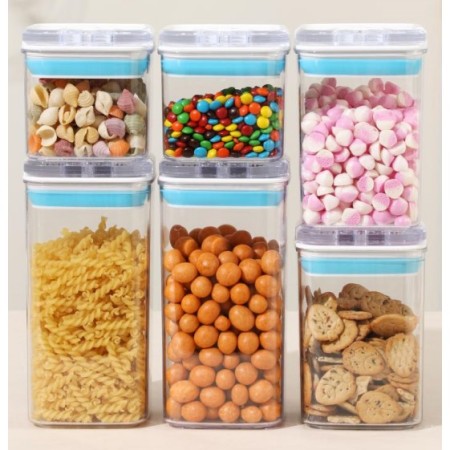 Cutii de Depozitare Alimente, Flippy, Set din 6 Cutii de tip Container, 2x0.5 l, 2x0.8 l, 2x1.2 l, Recipiente pentru Cereale in Bucatarie,  Transparente cu Capac Albastru-Alb