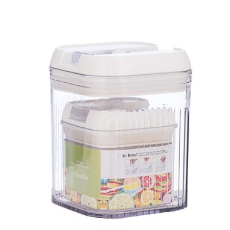 Cutii de Depozitare Alimente, Flippy, Set din 2 Cutii de tip Container, Recipiente pentru Cereale in Bucatarie,  Transparente cu Capac Alb, 0.5 L-10x10.5 cm, 1.3 L-12.5x12.5x16.5 cm